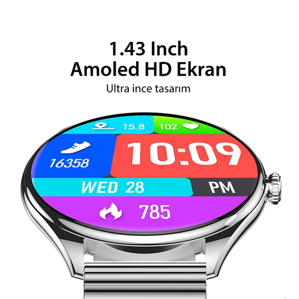 Logia Ultra Thin Akıllı Saat Yuvarlak Çelik Kasa Metal Kordon - 7