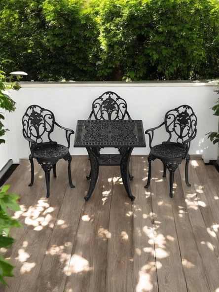 Ferforje görünümlü Plastik Kare Isparta Masa Sandalye Takımı 1 Masa 3 Sandalye Balkon, Bahçe Mobilyası - 8