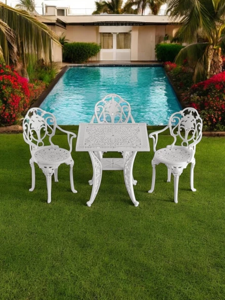 Ferforje görünümlü Plastik Kare Isparta Masa Sandalye Takımı 1 Masa 3 Sandalye Balkon, Bahçe Mobilyası - 12