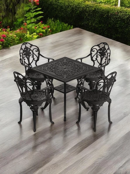 Ferforje görünümlü Plastik Kare Isparta Masa Sandalye Takımı 1 Masa 4 Sandalye Balkon, Bahçe Mobilyası - 8