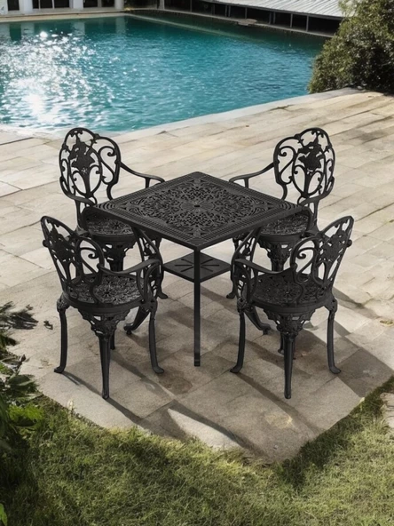 Ferforje görünümlü Plastik Kare Isparta Masa Sandalye Takımı 1 Masa 4 Sandalye Balkon, Bahçe Mobilyası