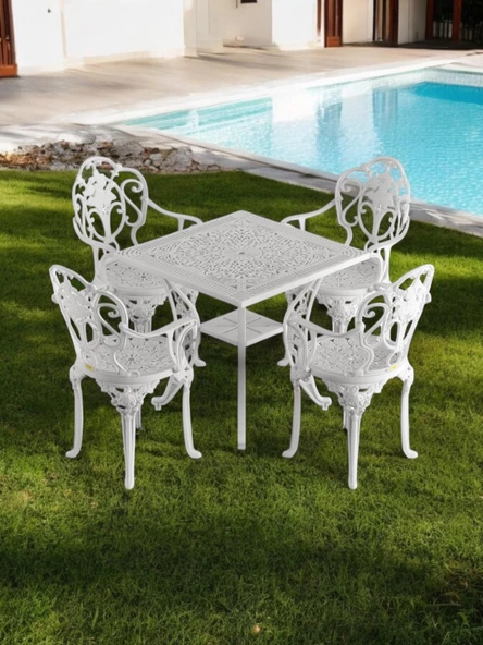 Ferforje görünümlü Plastik Kare Isparta Masa Sandalye Takımı 1 Masa 4 Sandalye Balkon, Bahçe Mobilyası - 2