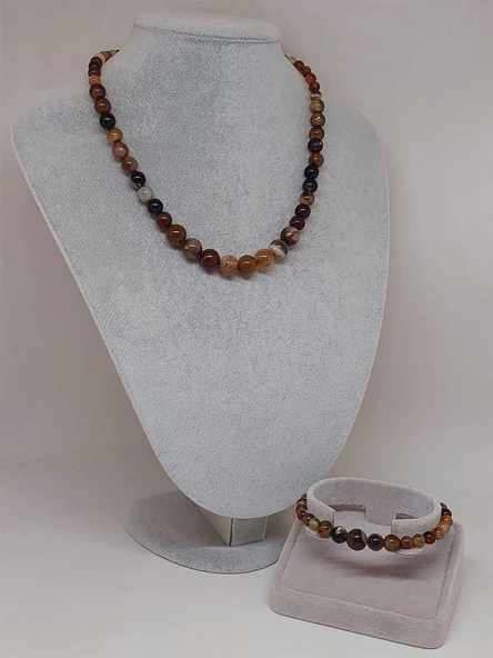 Galaksi Serisi Kahverengi Akik Taşı Kolye & Bileklik Seti - Resim 2