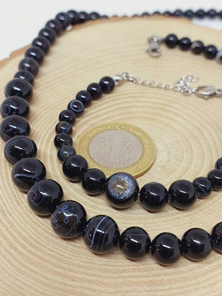 Galaksi Serisi Siyah Akik Taşı Kolye & Bileklik Seti - Resim 4