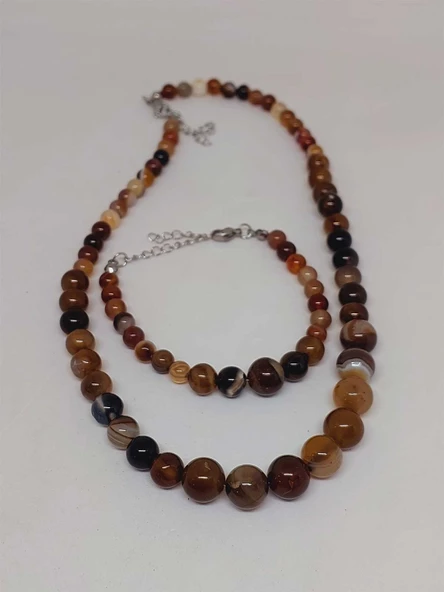 Galaksi Serisi Kahverengi Akik Taşı Kolye & Bileklik Seti - Resim 5