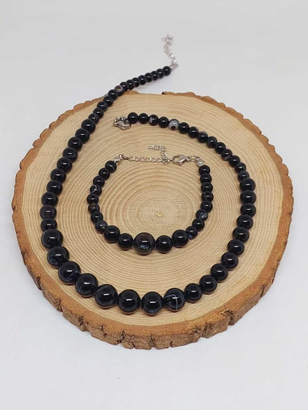 Galaksi Serisi Siyah Akik Taşı Kolye & Bileklik Seti - Resim 7