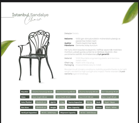 Ferforje görünümlü Plastik Kare İstanbul Masa Sandalye Takımı 1 Masa 2 Sandalye Balkon, Bahçe Mobilyası - 11