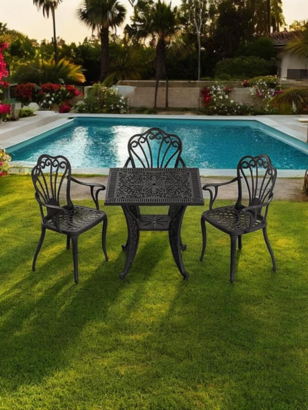 Ferforje görünümlü Plastik Kare İstanbul Masa Sandalye Takımı 1 Masa 3 Sandalye Balkon, Bahçe Mobilyası