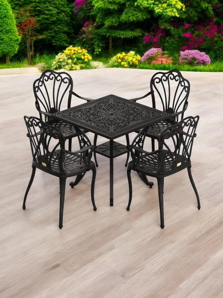 Ferforje görünümlü Plastik Kare İstanbul Masa Sandalye Takımı 1 Masa 4 Sandalye Balkon, Bahçe Mobilyası - 7
