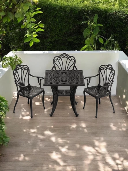 Ferforje görünümlü Plastik Kare İstanbul Masa Sandalye Takımı 1 Masa 3 Sandalye Balkon, Bahçe Mobilyası - 8