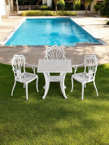 Ferforje görünümlü Plastik Kare İstanbul Masa Sandalye Takımı 1 Masa 3 Sandalye Balkon, Bahçe Mobilyası - 2