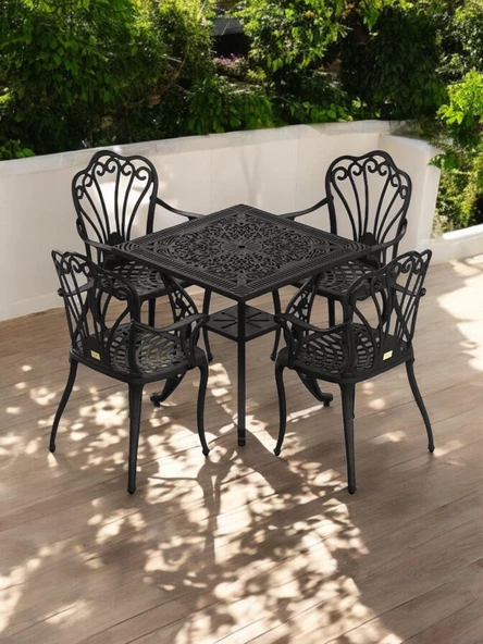 Ferforje görünümlü Plastik Kare İstanbul Masa Sandalye Takımı 1 Masa 4 Sandalye Balkon, Bahçe Mobilyası - 9