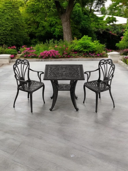 Ferforje görünümlü Plastik Kare İstanbul Masa Sandalye Takımı 1 Masa 2 Sandalye Balkon, Bahçe Mobilyası - 9