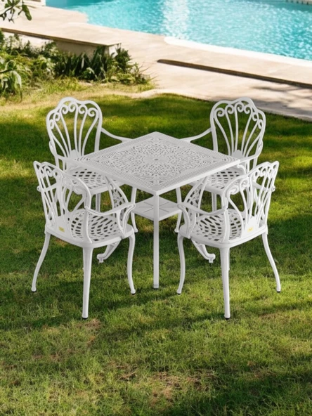 Ferforje görünümlü Plastik Kare İstanbul Masa Sandalye Takımı 1 Masa 4 Sandalye Balkon, Bahçe Mobilyası - 2
