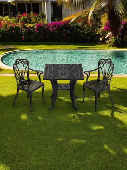 Ferforje görünümlü Plastik Kare İstanbul Masa Sandalye Takımı 1 Masa 2 Sandalye Balkon, Bahçe Mobilyası