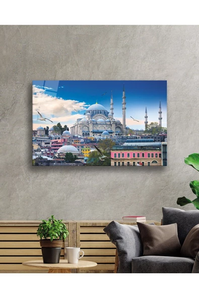 Istanbul Cami Manzara 4mm Dayanıklı Dekoratif ve Modern Cam Tablo , Hediye