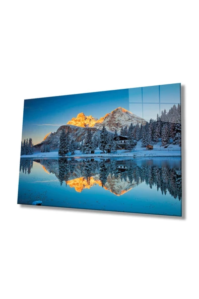 Mavi Dağ Yansıma Manzarası Dekoratif ve Modern Cam Tablo, Ev Ve Ofis Duvar Dekoru, ürün görseli