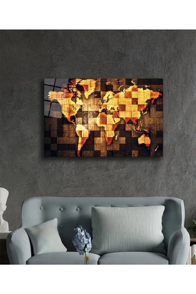 Dünya Haritası Dekoratif ve Modern Cam Tablo ürün görseli