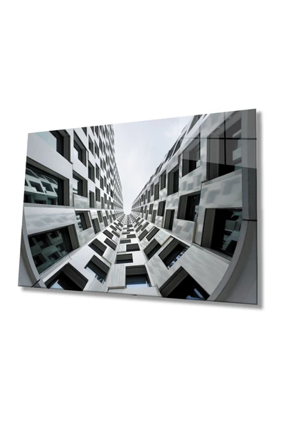 Geometrik Siyah Beyaz Bina Dekoratif ve Modern Cam Tablo, Ev Ve Ofis Duvar Dekoru