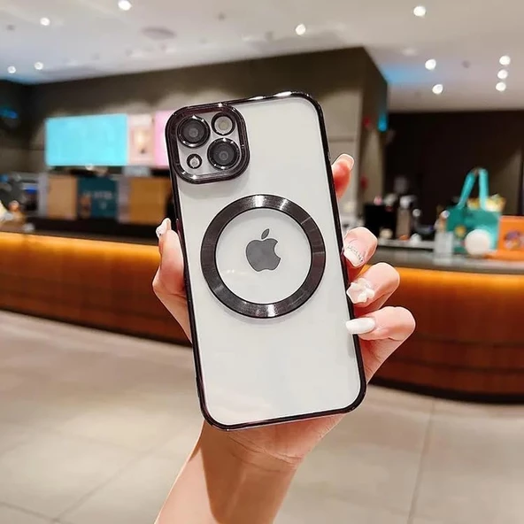 14 (6.1) inç Laser Silikon Arkası Şeffaf Kamera Korumalı Logo Detaylı Luxury Kılıf- iphone 14 Laser Silicone Back Transparent Camera Protected Logo Detail Luxury case (Siyah)