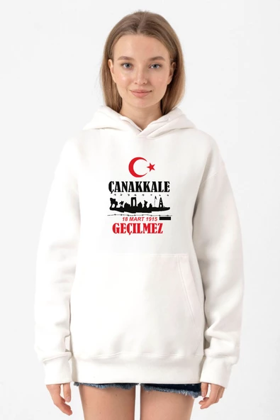 18 Mart Çanakkale Geçilmez Beyaz Kadın 3ip Kapşonlu Sweatshirt