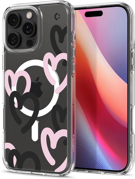 iPhone 16 Pro Max Kılıf Ultra Hybrid MagFit MagSafe özellikli Hearts Black Pink - ACS08272