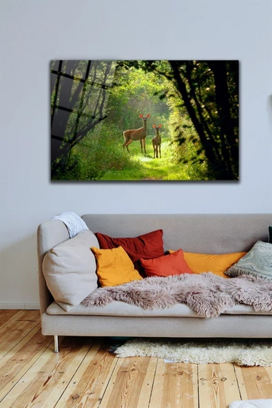 Anne Ve Yavru Ceylan Dekoratif ve Modern Cam Tablo