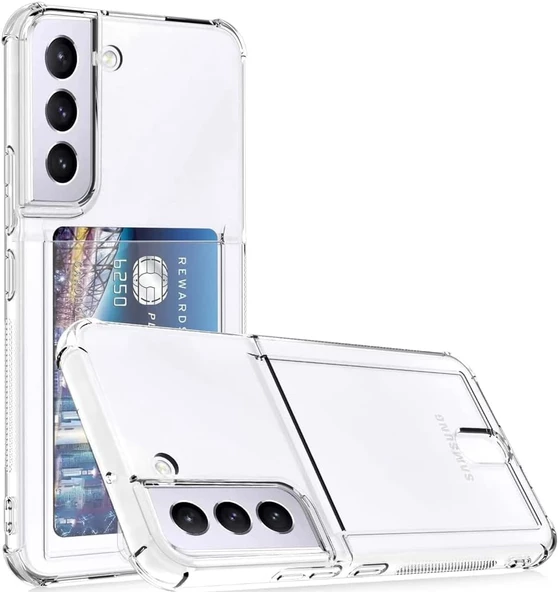 Samsung Galaxy S22 Plus İle Uyumlu Transparent Pulisic Kartlıklı Darbe Emici Shock-Absorbing Kartvizit Bölmeli Transparent Görünümlü Card Case Antişok Kılıf, Şeffaf