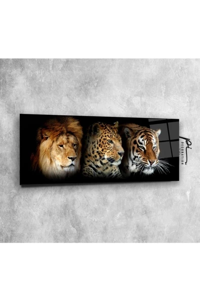 Aslan, Leopar Ve Kaplan Panoramik Dekoratif ve Modern Cam Tablo