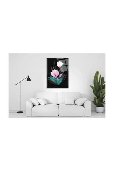 Pembe Çiçekler Dekoratif ve Modern Cam Tablo 2 50x70 Cm