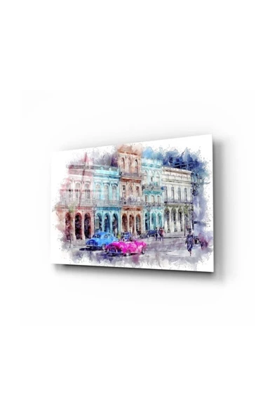 Eski Evler Ve Arabalar Dekoratif ve Modern Cam Tablo 50x70 Cm