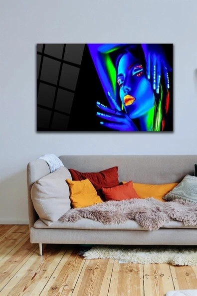 Neon Kadın Dekoratif ve Modern Cam Tablo Duvar Dekarasyonu