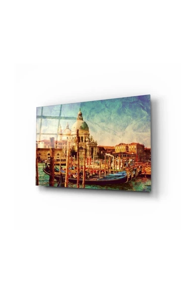 Nehirde Kayıklar Dekoratif ve Modern Cam Tablo 50x70 Cm