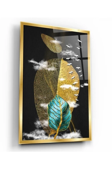Gold Yapraklar Dekoratif ve Modern Cam Tablo ürün görseli