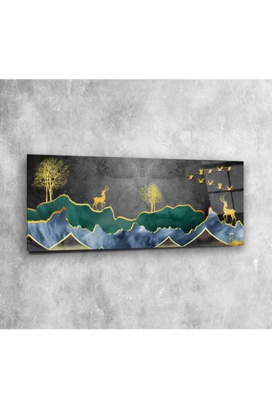 Geyikler Panoramik Dekoratif ve Modern Cam Tablo ürün görseli