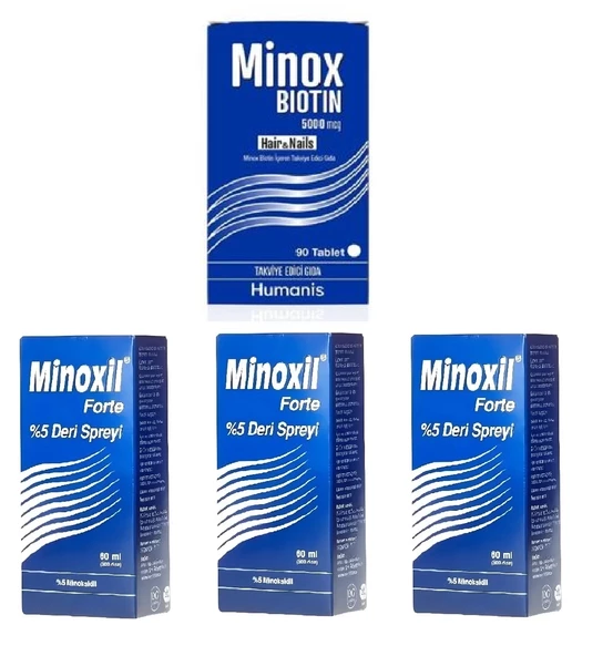 Minoxil Forte %5 Deri Spreyi, Çözelti 60 ml 3 kutu (SKT02/26) ve Minox Biotin 90 Kapsül