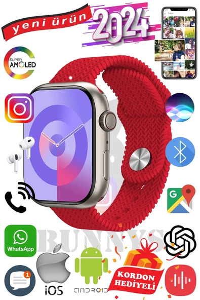 Apple iPhone 11 Pro Uyumlu Akıllı Saat Watch 9 Max+2024 45mm Kordon Hediyeli Amoled Ekran