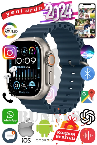 Apple iPhone 11 Pro Uyumlu Akıllı Saat ULTRA MAX 2024 Kordon Hediyeli Amoled Ekran