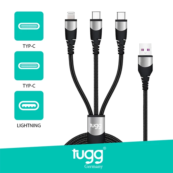 Tugg Germany 3ü 1 Arada USB Çoklu Hızlı Orjinal Şarj Kablosu 2 Type-C+İphone 104626