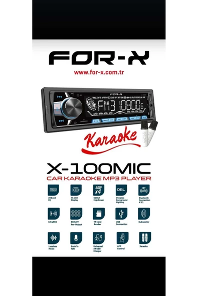 For-X X-100MIC-FM-USB-MP3-BT5.1-4X60W-2 AD WİFİ MİKROFONLU KARAOKELİ OTO TEYP