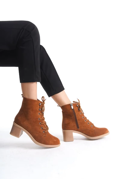 LENA Bağcıklı Fermuarlı Ortopedik Taban Suya ve Soğuğa Dayanıklı Topuklu Süet Kadın Bot TT Taba - 2