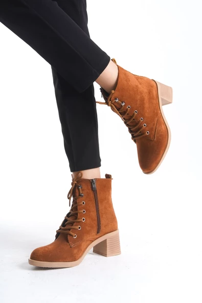 LENA Bağcıklı Fermuarlı Ortopedik Taban Suya ve Soğuğa Dayanıklı Topuklu Süet Kadın Bot TT Taba - 3