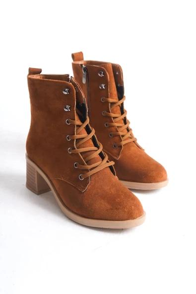 LENA Bağcıklı Fermuarlı Ortopedik Taban Suya ve Soğuğa Dayanıklı Topuklu Süet Kadın Bot TT Taba - 4