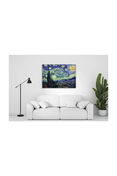Van Gogh Yıldızlı Gece Dekoratif ve Modern Cam Tablo 3 50x70 Cm