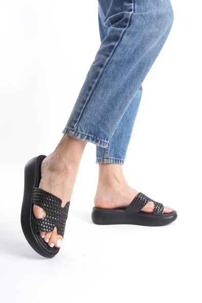 Kadın Hakiki Deri Örgü Desenli Terlik Hafif Rahat Taban Günlük Kadın Terlik - 3