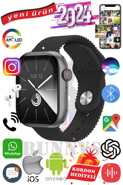 Oppo A52 Uyumlu Akıllı Saat Watch 9 Max+2024 45mm Kordon Hediyeli Amoled Ekran