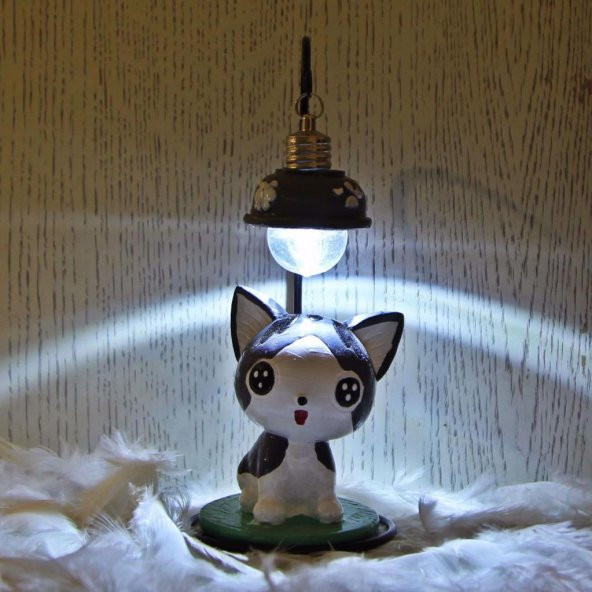 Sevimli Gri Kedi Masa Gece Lambası Işıklı Biblo