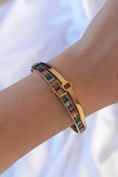 Renkli Zirkon Taşlı Kemer Tasarımlı  Gold Renk Kadın Kelepçe Bileklik - CA-BB6378-ST - Resim 2