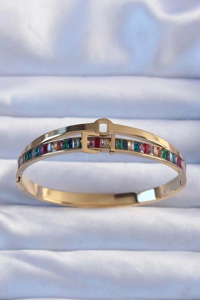 Renkli Zirkon Taşlı Kemer Tasarımlı  Gold Renk Kadın Kelepçe Bileklik - CA-BB6378-ST ürün görseli