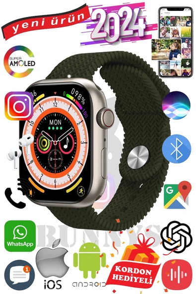 Samsung Galaxy A20 Uyumlu Akıllı Saat Watch 9 Max+2024 45mm Kordon Hediyeli Amoled Ekran